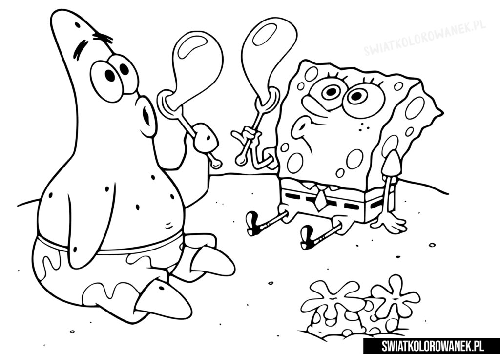 Kolorowanka do druku SpongeBob i Patryk dmuchają bańki mydlane