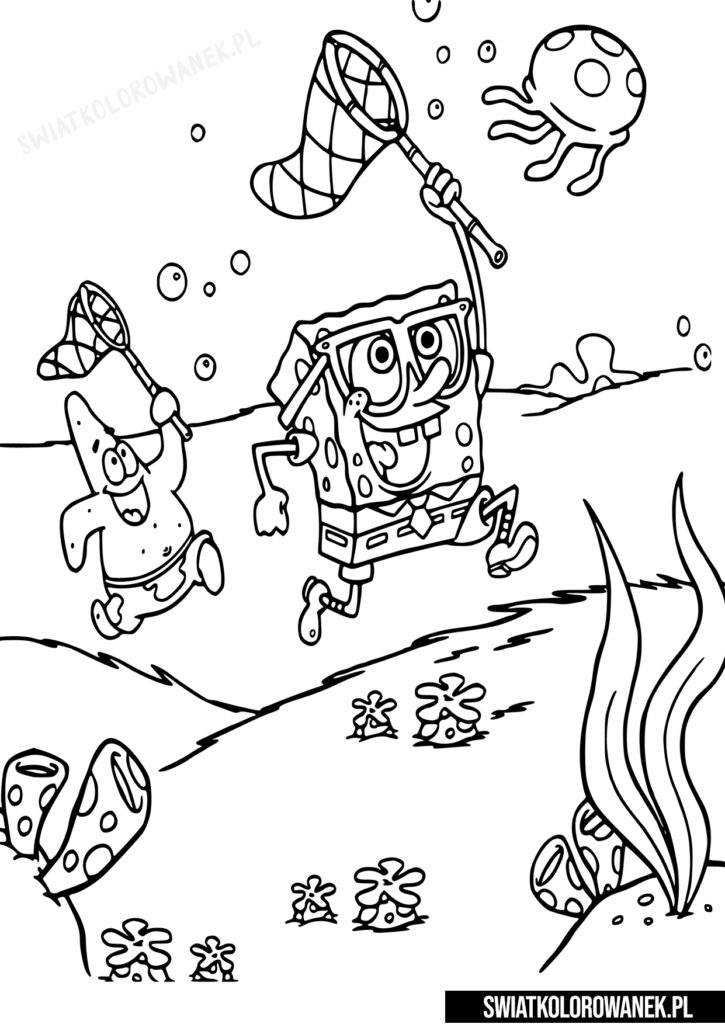 Spongebob i Patryk zabawa pod wodą. Kolorowanki SpongeBob do druku za darmo.