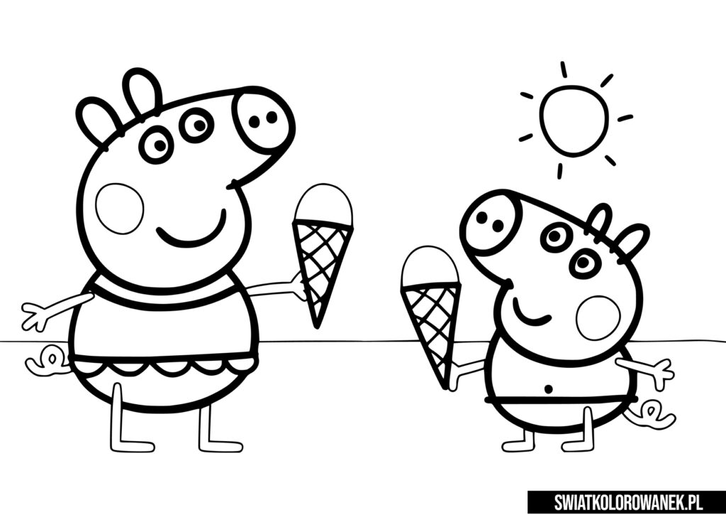 Kolorowaka Świnka Peppa wraz z młodszym bratem Georgem jedzą lody na plaży.. Kolorowanki Świnka Peppa.