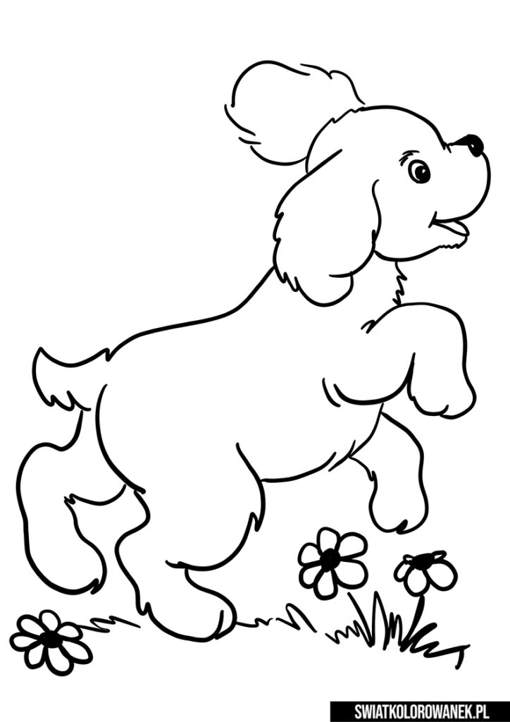 Piesek skacze pośród kwiatów. Kolorowanka z psami.
