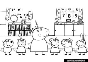 Świnka Peppa w szkole kolorowanka dla Dzieci. Madam Gazelle, Dany Pies, Emily Słoń. Kolorowanki
