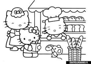 Kolorowanka Hello Kitty u piekarza kupuje bagietkę.