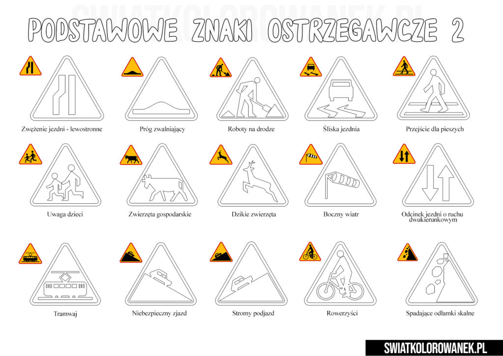 Znaki Drogowe Podstawowe Dla Dzieci Kolorowanka podstawowe znaki ostrzegawcze 2 - Darmowe kolorowanki do druku