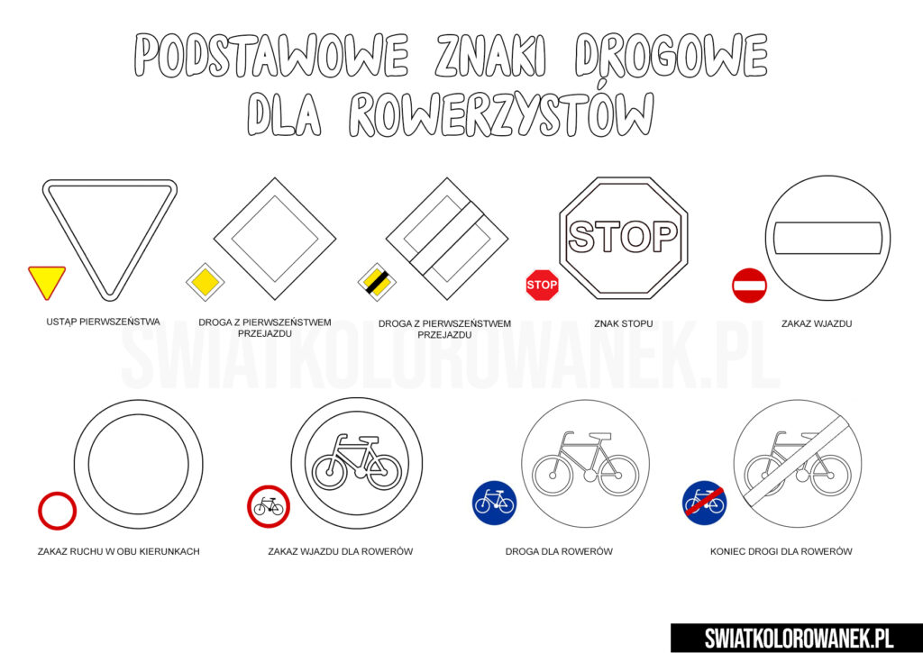 Kolorowanka Podstawowe znaki drogowe dla rowerzystów. Kolorowanka karta rowerowa. Kolorowanki znaki drogowe rowerzystów
