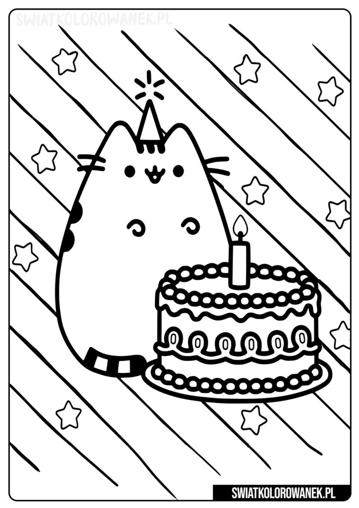 Kolorowanki Pusheen. Pusheen Tort urodzinowy