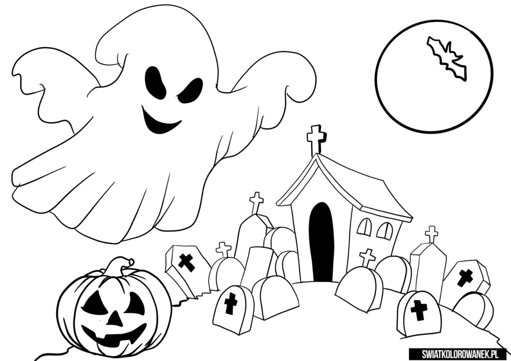 Halloween kolorowanka dla dzieci. Cmentarz. Duch. Kolorowanki na halloween.