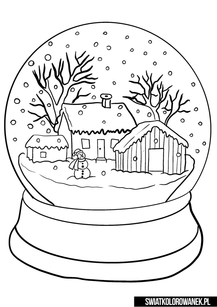 Świąteczna kula śnieżna z domkiem kolorowanka dla dzieci.