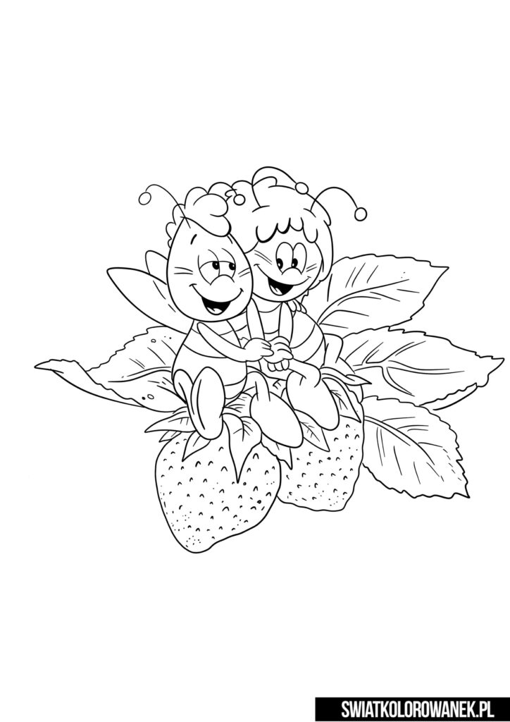 Kolorowanki Pszczółka Maja i Gucio na truskawkach