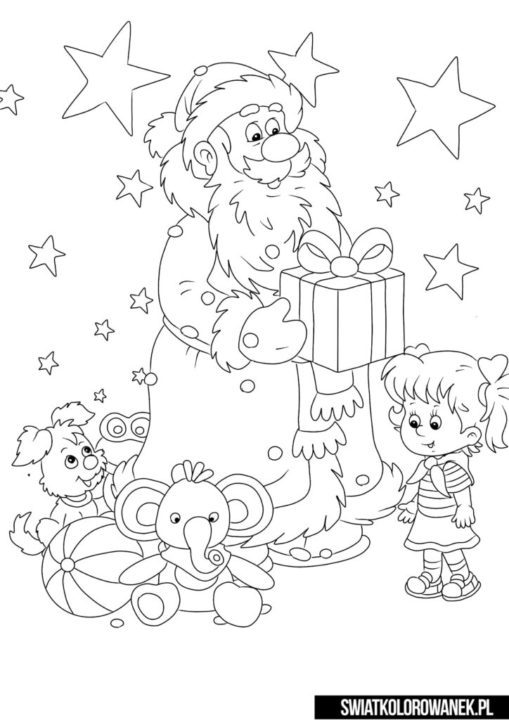 Święty Mikołaj daje prezent dziewczynce kolorowanki dla dzieci
