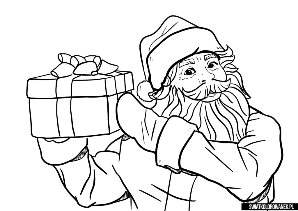 Święty Mikołaj z prezentem darmowa kolorowanka