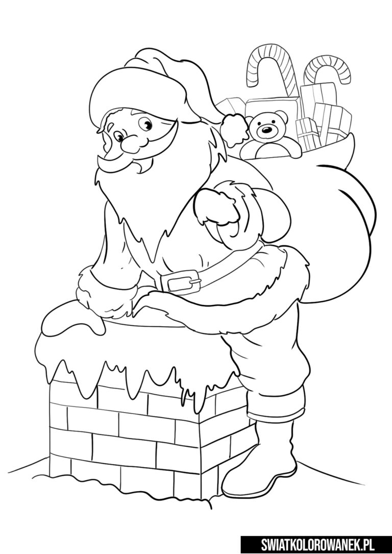 Święty Mikołaj z workiem prezentów kolorowanki. Święty Mikołaj wchodzi do komina.