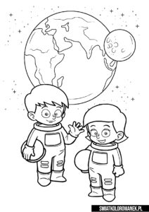 Kolorowanki z kosmosem. Dwoje małych astronautów i planeta ziemia.