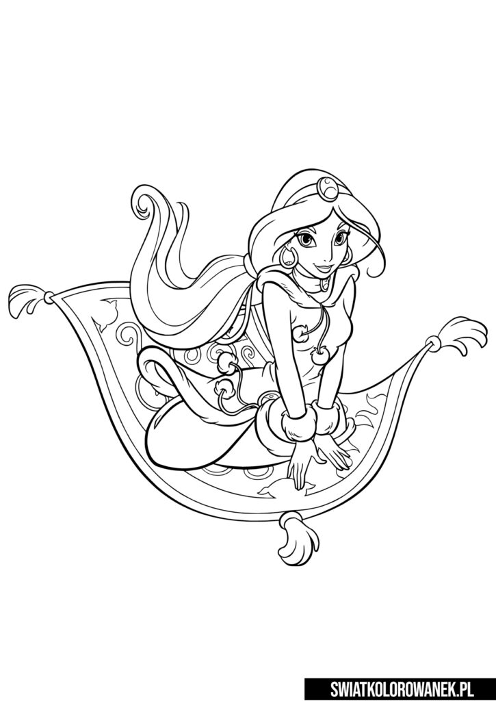 Kolorowanka do wydruku Księżniczka Jasmine na latającym dywanie