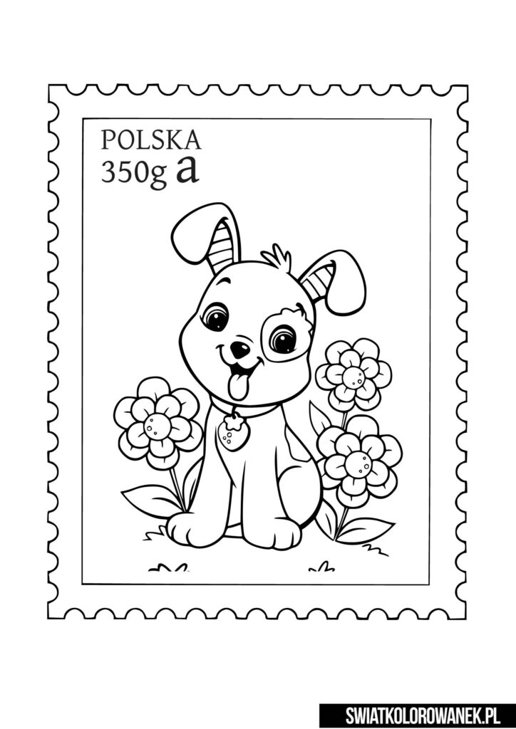 Dzień Poczty Polskiej kolorowanka znaczek pocztowy. Znaczek pocztowy z pieskiem malowanka do druku.