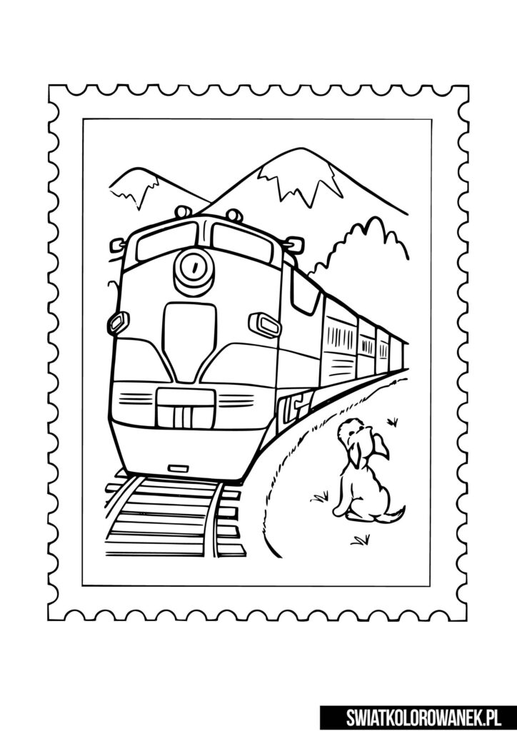 Dzień znaczka pocztowego kolorowanka dla dzieci. Znaczek pocztowy z lokomotywą.