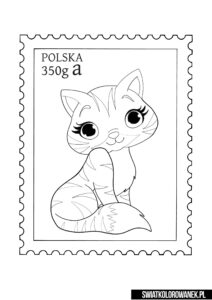 Dzień znaczka pocztowego szablon znaczka. Znaczek pocztowy z kotem do pokolorowania.
