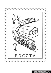 Znaczek pocztowy pociąg kolorowanka. Lokomotywa na znaczku pocztowym.