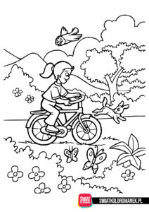 Kolorowanka Idzie wiosna. Dziewczyna na rowerze.