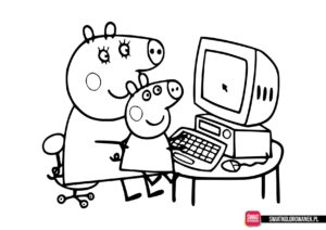Świnka Peppa kolorowanka z mamą przy komputerze
