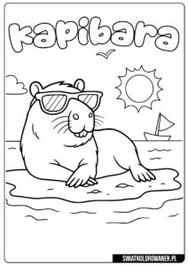 Kolorowanka z kapibarą wylegującą się na plaży w słonecznych okularach.