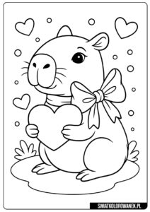 Kapibara kolorowanka na walentynki. Urocza Kapibara trzymająca serduszko.