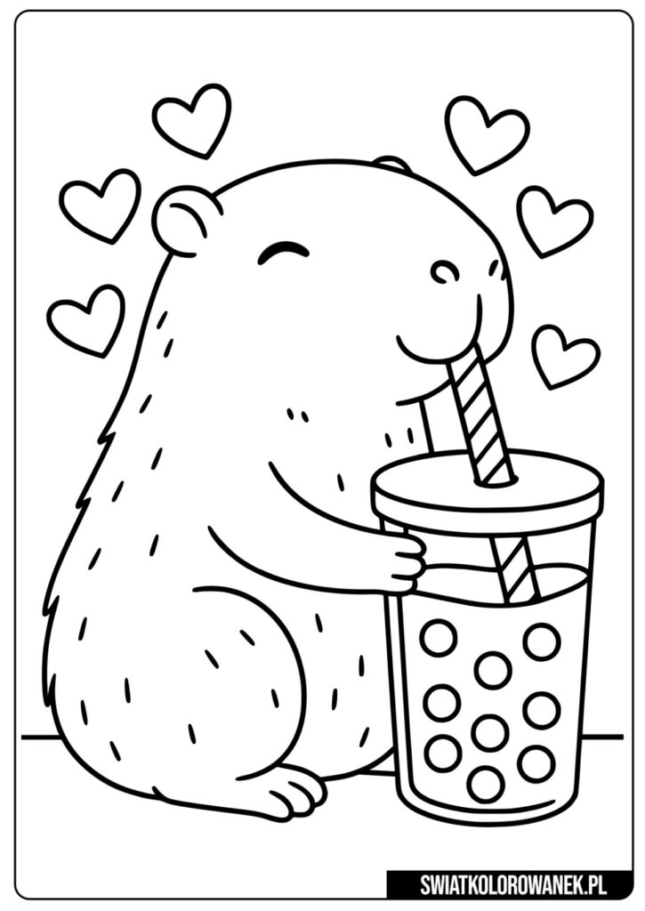 Kolorowanka Kapibara pijąca bubble tea. Kolorowanki Kapibara.