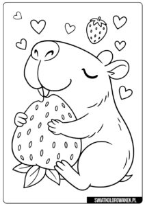 Malowanka do druku Kapibara. Kolorowanka przedstawia kapibarę jedzącą truskawkę, idealna dla młodszych dzieci.